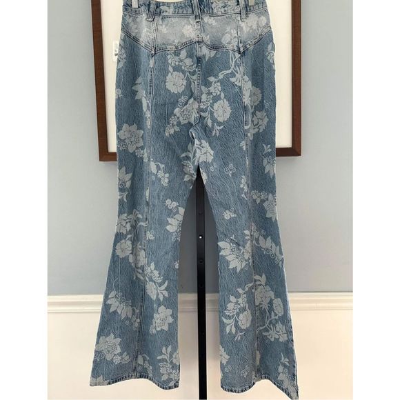 New Free People Naomi Printed Flare Jeans Floral Washed Blue Western Seamed 32 - Picture 8 of 8